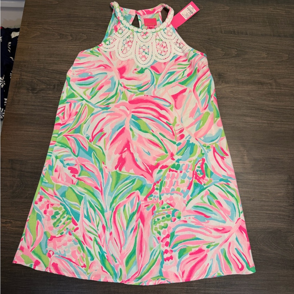 Lilly Pulitzer Pink Tropical Print Halter Dress with White Crochet - NWT